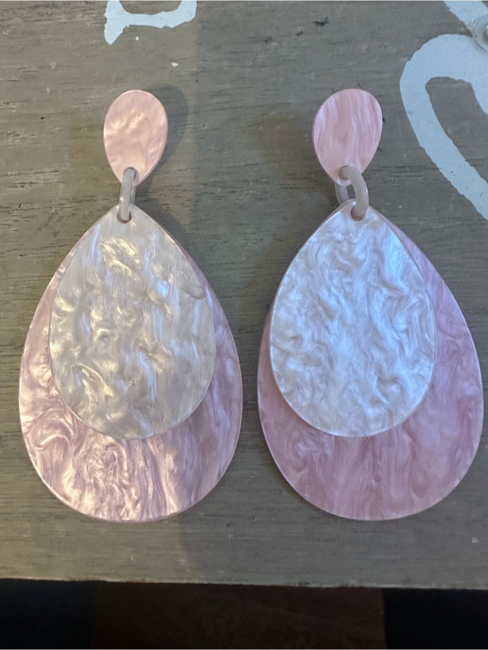 Pink and White Pearlized Layered Teardrop Plastic Earrings